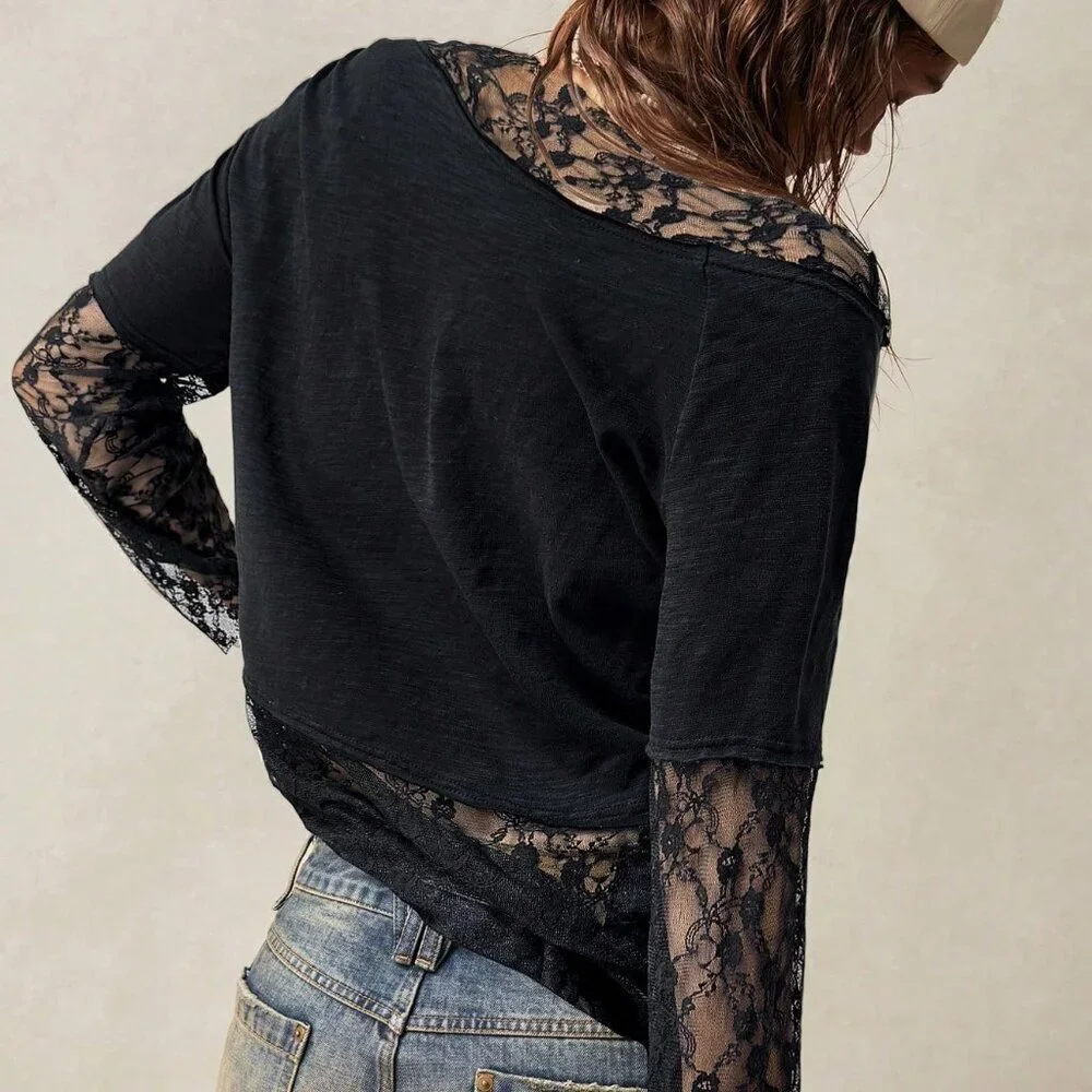 Black Casual Women's Plus Size Asymmetric Neck Off-Shoulder Long Sleeve Lace Top